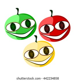 Three tomatoes - green, red and yellow - smiling, with cute funny face - simple stylized illustration - seasonal fruit - raw food. 