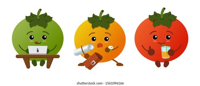 three tomatoes on a white background. red resting, drinking orange juice. satisfied, calm. He is sitting, holding a glass. Yellow tomato late for work, a suitcase in a hand. Green works at the compute