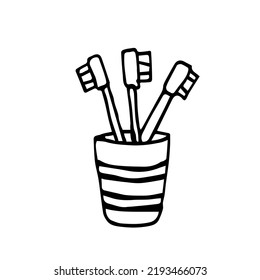 Tres cepillos de dientes en una taza estilo doodle. Ilustración del vector