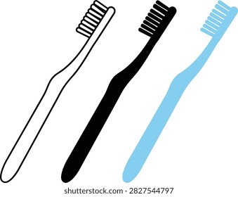 Three toothbrushes in white black and blue colors on clean background for oral hygiene