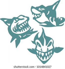 Three toothy sharks, monotonous, simplistic, stylized image.
Can be used as: template, mascot, for cutting on plotter