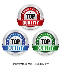 Three top quality badges with silver border and ribbon on white background