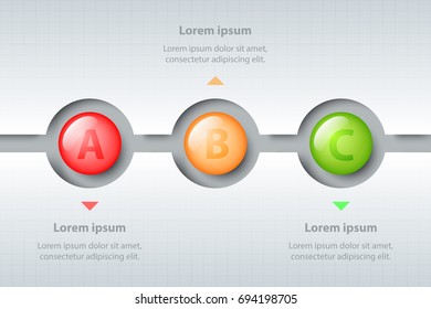 Three topics of colorful 3d marble circles in timeline carve white template for website presentation cover poster vector design infographic illustration concept