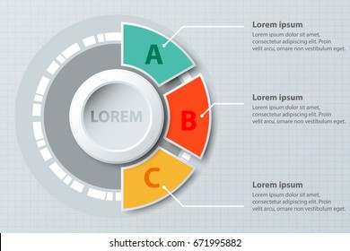 Three Topics Colorful Half Pie Chart 3d Paper With Circle In Center For Website Presentation Cover Poster Vector Design Infographic Illustration Concept