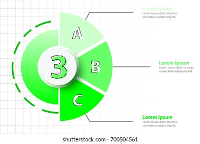 Three topics of Green half pie chart with 3d paper circle in center for website presentation cover poster vector design infographic illustration concept