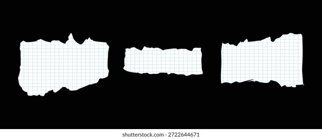 Três pedaços rasgados de papel gráfico em um fundo preto, para notas e design