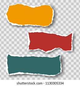 Three torn sheets of paper of different colors with shadow, isolated on a transparent background, suitable for infographics - vector