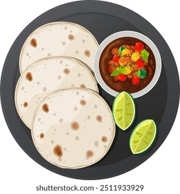 Três tortillas com cunhas de salsa e cal