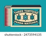 Three Tortoise vector icon. illustration in Matchbox and matches illustration. Vintage and antique matchbox packaging design illustration. retro style packaging. old style design. open box template