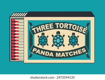 Three Tortoise vector icon. illustration in Matchbox and matches illustration. Vintage and antique matchbox packaging design illustration. retro style packaging. old style design. open box template