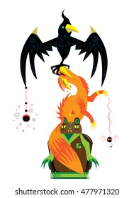 Three totems of animals, bear, fox, raven
