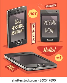 Three touchscreen modern smartphones isolated on orange background. Vector illustration.