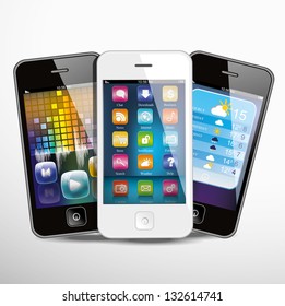 Three touchscreen smartphones with applications on screens. Vector illustration.