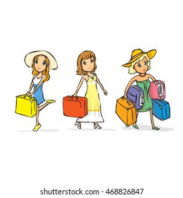 Three tourist traveling girl. Hand drawn cartoon vector illustration.