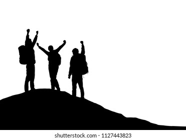 Three tourists with backpacks on top of a mountain rejoice in success - vector