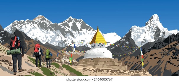 Three tourists on the way to Mount Everest base camp and buddhist stupa with prayer flags, Mounts Everest, Ama Dablam and Lhotse as seen from Khumbu valley, vector illustration, Nepal Himalayas