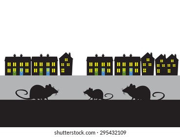 Three town rats on a wall with houses in the background