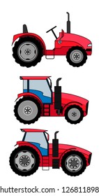 Three tractors set. Flat style vector illustration of a tractor isolated. Heavy agricultural machinery for field work