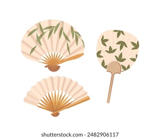 Three Traditional Asian Paper Fans With Elegant Leaf Designs. Vector Illustration Of Fans Showcase A Classic Style