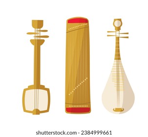 Three traditional Japanese musical instruments, hand drawn isolated vector illustration