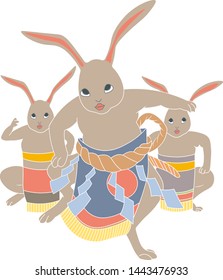 three traditional japanese rebbits in clouthes