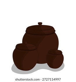 Três tradicionais jarras de barro onggi coreanas usadas para fermentar alimentos como kimchi, doenjang e gochujang, representando a tradição culinária coreana e a herança cultural.