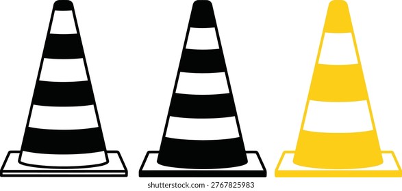 Three traffic cones with different color patterns displayed side by side. Vector