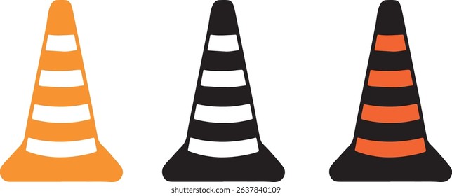 Three traffic cones in different colors representing road safety warning and caution signs