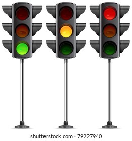 Three traffic lights with three colour on metallic leg vector illustration