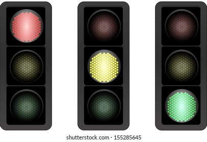 Three traffic lights with different signs burning