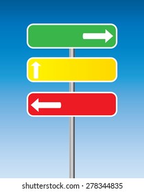 three traffic signs with arrows and blue background