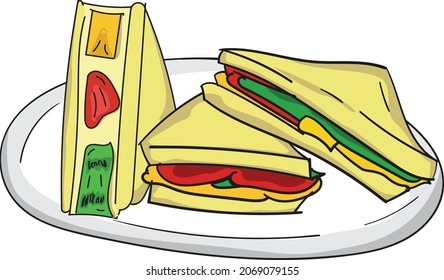 three of traingle sandwiches with fruit, meat and vegetable. vector clip art illustration