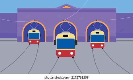 Three trams in the tram depot