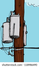 Three transformers on an electrical pole with wires