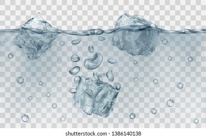 Three translucent gray ice cubes and many air bubbles floating in water on transparent background. Transparency only in vector format