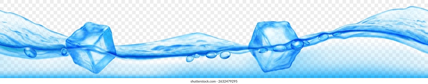 Three translucent ice cubes floating in water with waves, isolated on transparent background. Horizontal banner in light blue colors. Transparency only in vector format.