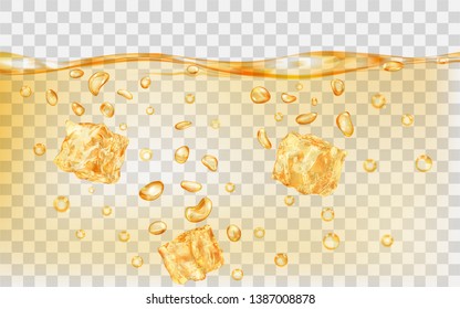 Three translucent yellow ice cubes and many air bubbles under the surface of water on transparent background. Transparency only in vector format