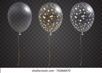 Three transparent balloons with gold and silver confetti inside. Isolated on transparent background. Vector festive helium balloons set. Holiday decoration element for your design. Eps 10