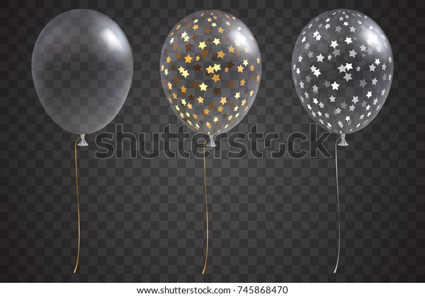 Three Transparent Balloons Gold Silver Confetti Stock Vector (Royalty