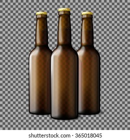 Three transparent brown realistic beer bottles isolated on plaid background with place for your design and branding. Vector