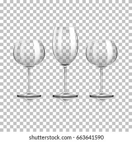 Three transparent empty glass goblets for wine