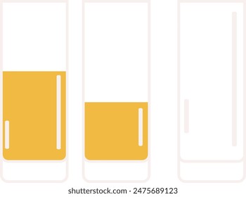 Three transparent glass flasks contain varying levels yellow liquid horizontally aligned isolated white background. First flask filled halfway yellow liquid, second flask filled one fourth, third