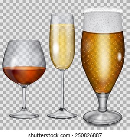 Three transparent glass goblets with cognac, champagne and beer