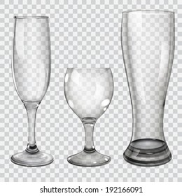 Three transparent glass goblets for wine, champagne and beer. On checkered background.