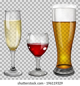 Three transparent glass goblets with wine, champagne and beer. On checkered background.