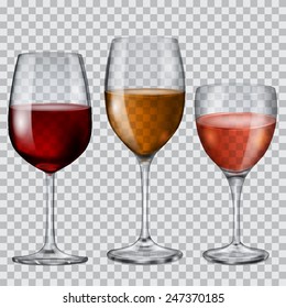Three transparent glass goblets with wine of various colors
