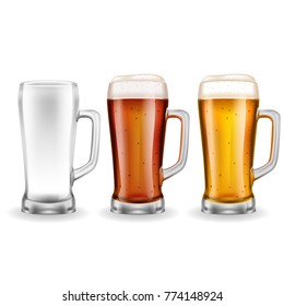 Three transparent glass mugs with amber and yellow kind of beer in realistic style on white background vector illustration 