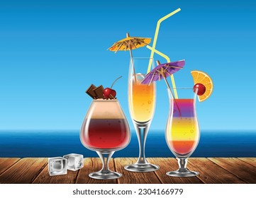 Three transparent glass with a multi-colored refreshing cocktail, decorated with a cocktail umbrella and a slice of lemon, on the sea background. Highly realistic illustration.