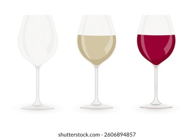 Three transparent glasses for wine. Realistic Vector Illustration of a Glass Set Featuring Different Types of Wine Glasses in Various Colors and Designs