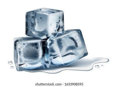 Three transparent ice cubes and a little water on the surface underneath. High detailed realistic illustration
